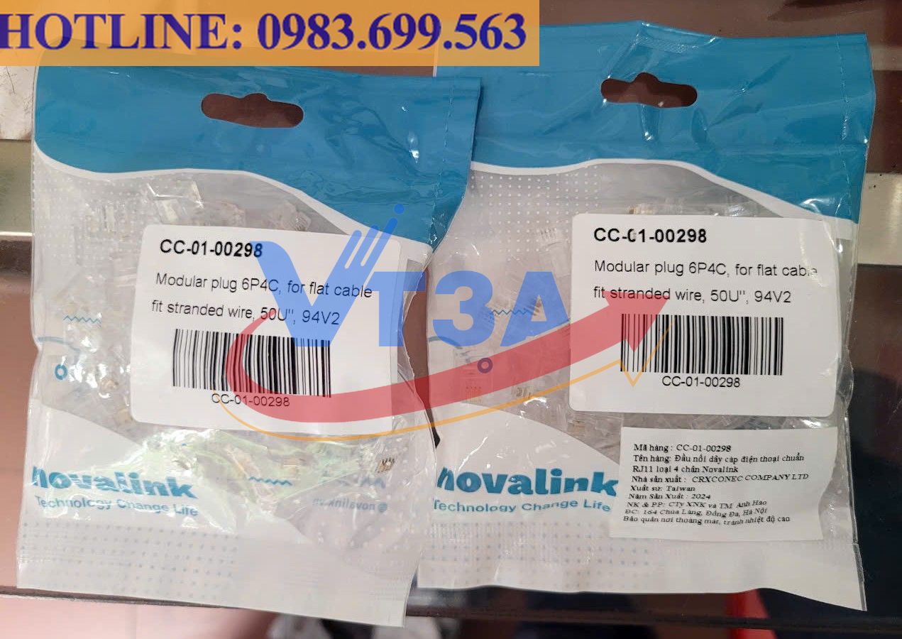 Hạt điện thoại RJ11 CC-01-00298 Novalink 4 chân mạ vàng 